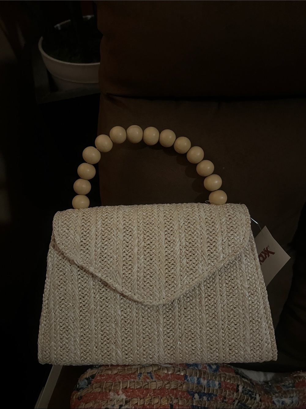 Beaded Handle Straw Tote Bag in Cream